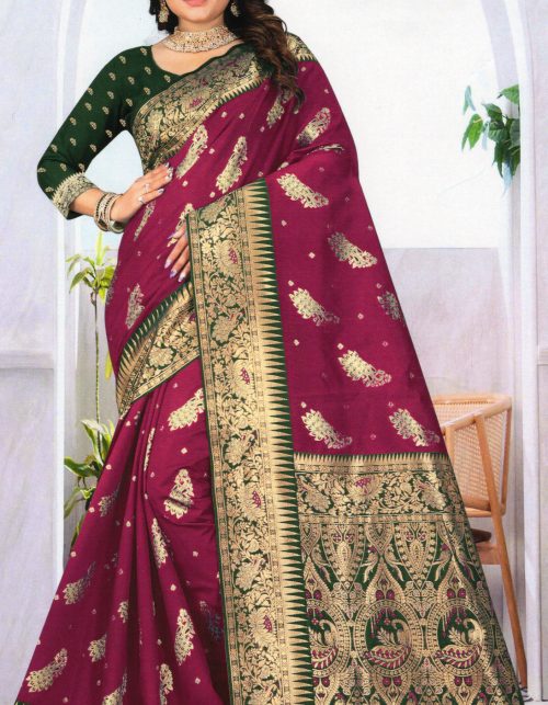 Burgundy Maroon Banarasi Katan Zari Weaving Saree SKU 251-418