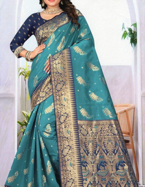 Sea Blue Banarasi Katan Zari Weaving Saree SKU 251-416